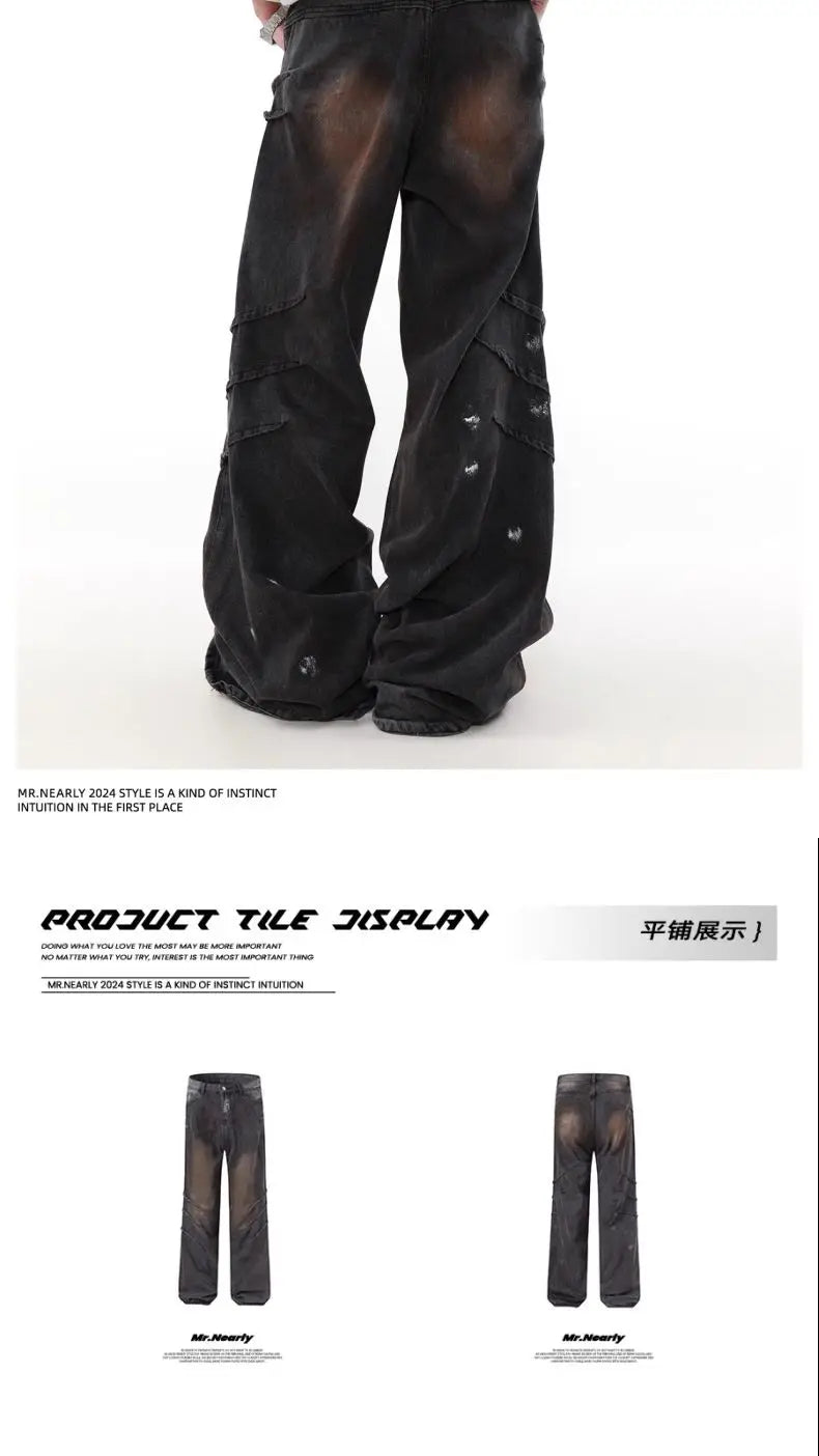 american high street scratch design men and women trendy retro straight leg jeans couple street loose wide leg casual pants y2k unique jeans style 4428