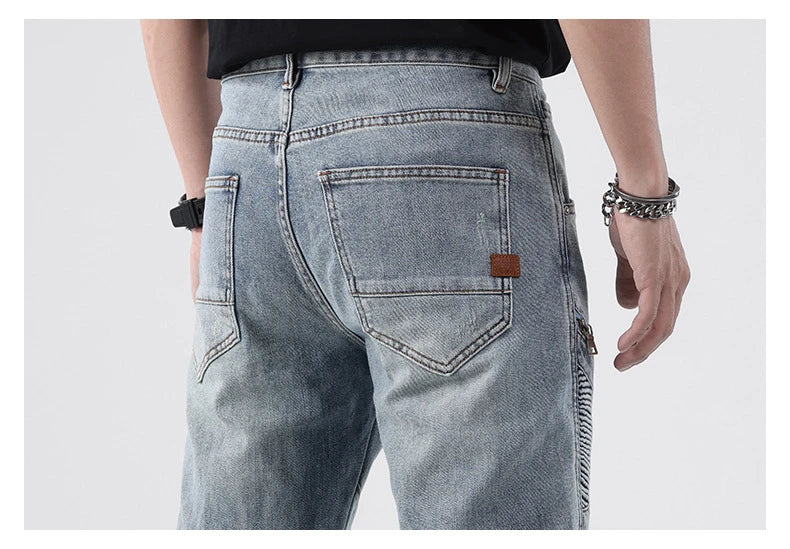 zipper hole patchwork pleated skinny denim jeans men casual slim fit biker trouser jeans fashion streetwear hip hop jean joggers unique joggers style 782