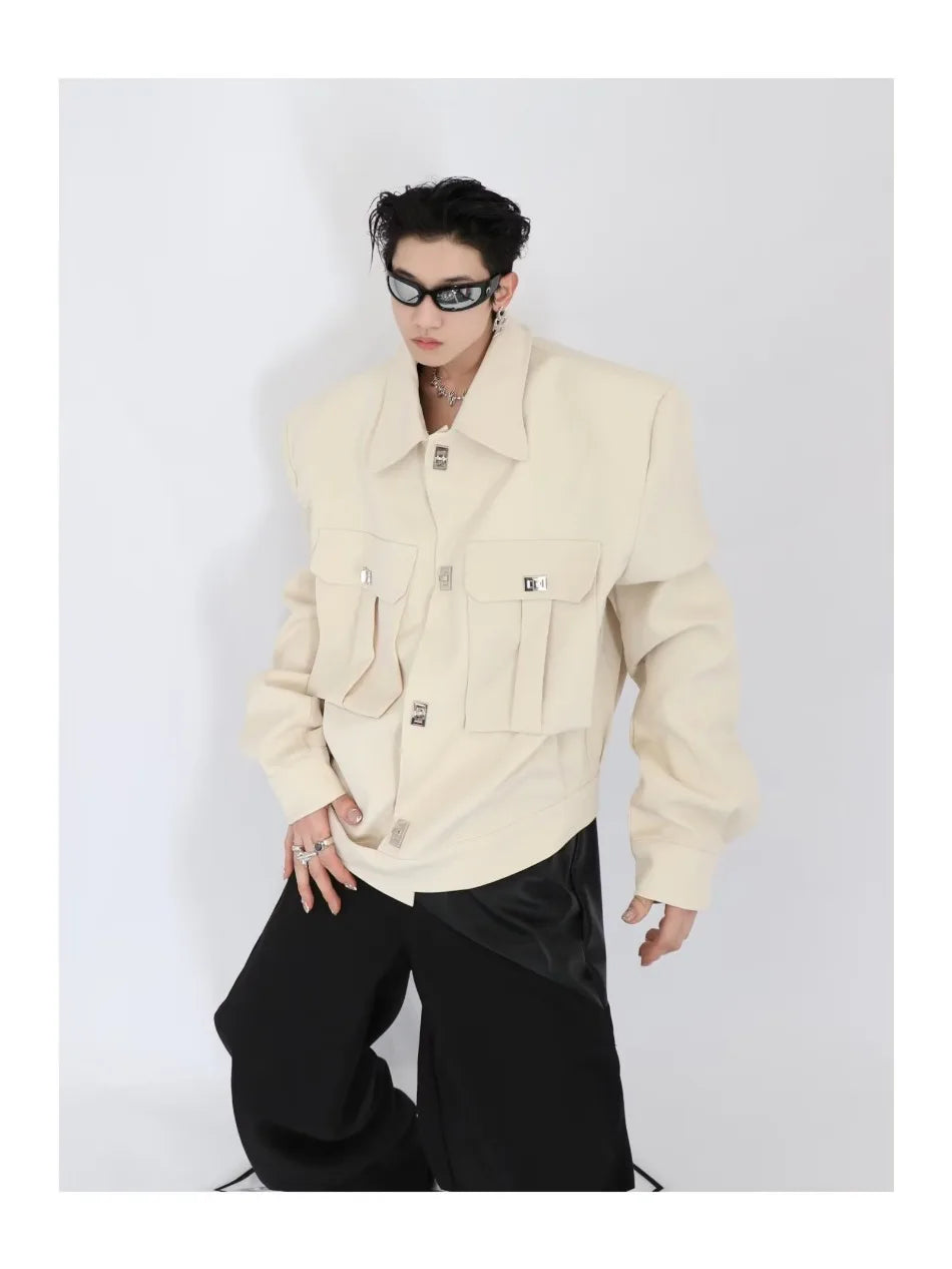 trendy high street jacket mens unisex metal button shoulder pad short coats multi pocket punk hip hop loose outwear oversized unique shorts style 3534