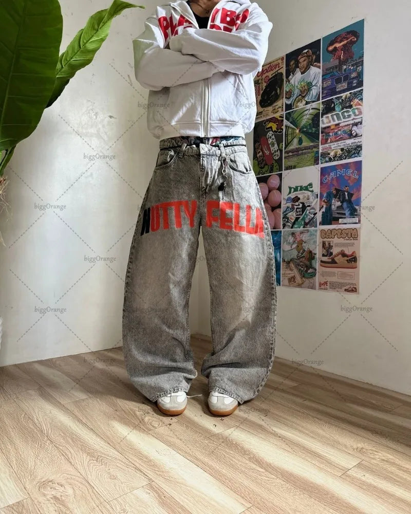 Y2K Harajuku Retro Washed Baggy Jeans Street Hip-hop Anime Printed Wide Pattern Straight Pants Men Trendy Brand Casual Trousers Street King Limited