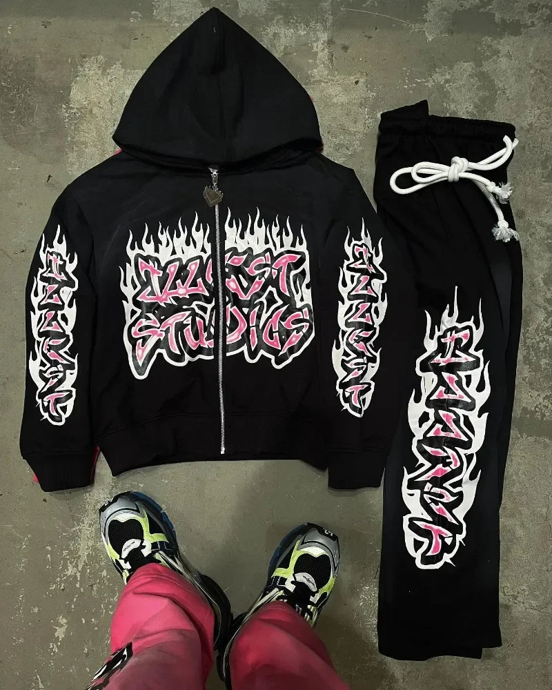 y2k street hip-hop goth trend oversized hoodie suit men's fashion Harajuku style casual loose versatile zipper sweatshirt top Street King Limited