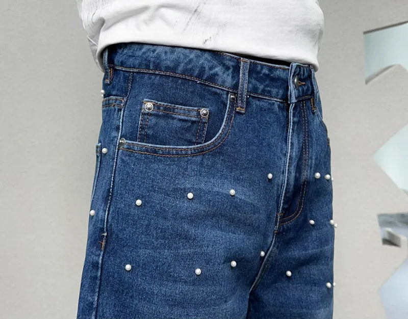 men bead streetwear fashion hip hop vibe loose casual wide leg straight denim jeans baggy pant man boyfriend jeans trousers denim street jeans