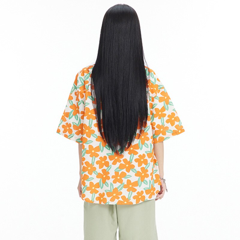 "Orange Floral" Unisex Men Women Graphic Button Shirt Daulet Apparel