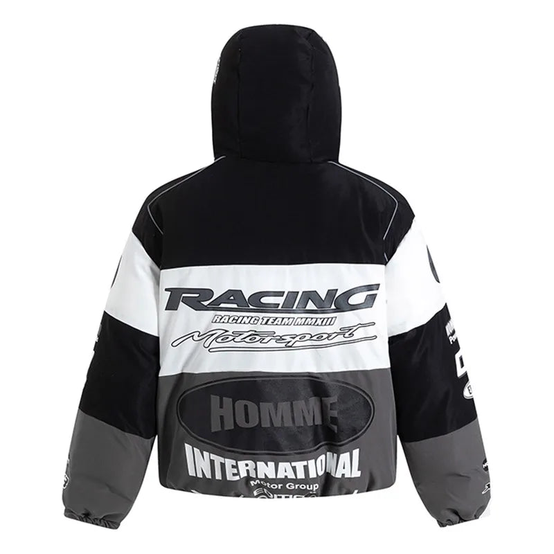 Men Padded Jackets American Vintage Letter Printed Racing Outwear Y2K Loose Hooded Waterproof Coats Hip Hop Baseball Clothing Street King Limited