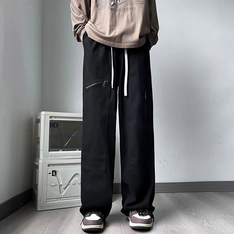 new korean fashion cargo straight pants for men autumn casual zipper pocket drawstring trousers classic tactical y2k pantalones 1 unique cargo style 230