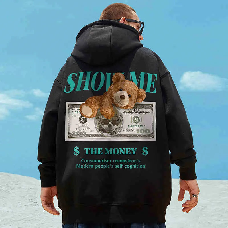 Money Bear Print Fleece Hoodies For Men Autumn Hip Hop Hooded Sweatshirts Unisex Pullovers Streetwear y2k Hoodie Tracksuit Homme Street King Limited