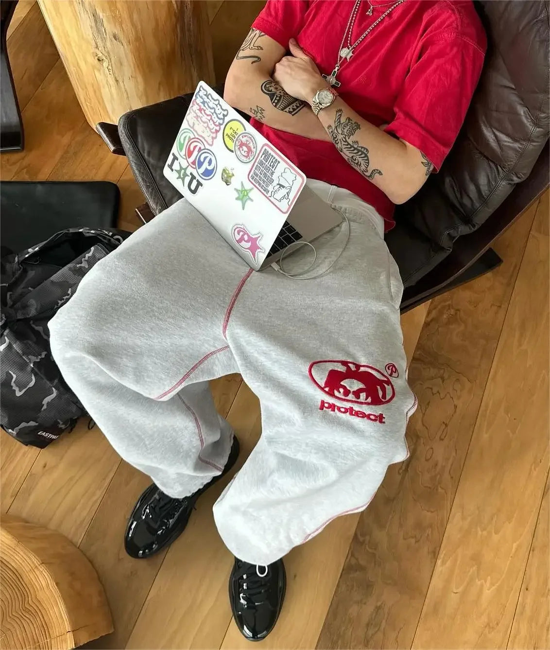 American fashion PROTECT Gothic letter embroidered sweatpants men's 2024Y2K retro high waist jogging loose drawstring overalls Street King Limited