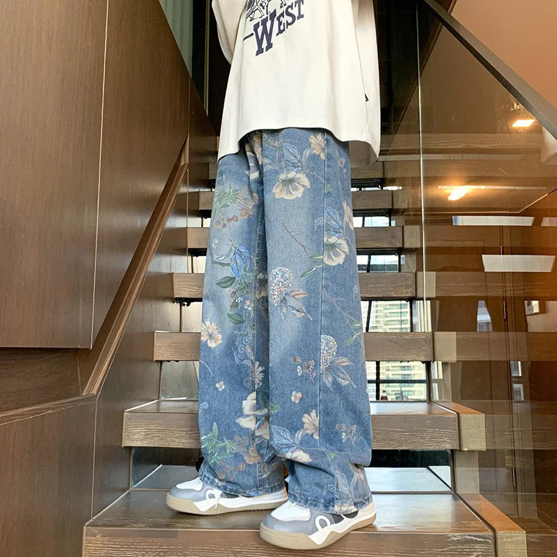 american high street floral printed jeans for men 2024 new y2k vintage denim trousers hip hop fashion wide leg baggy jean pants ripped baggy denim
