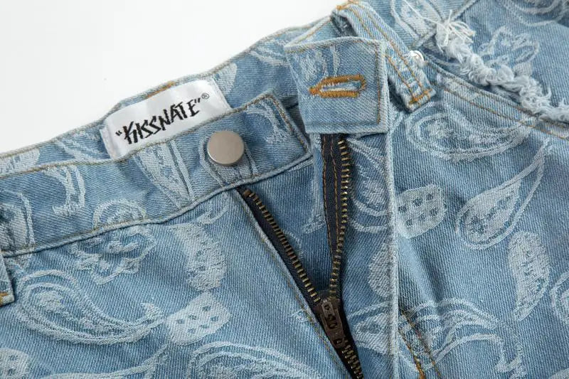 vintage high street washed light blue flared jeans cashew flower jacquard pattern rough edge jeans pants for men and women unique jeans style 928