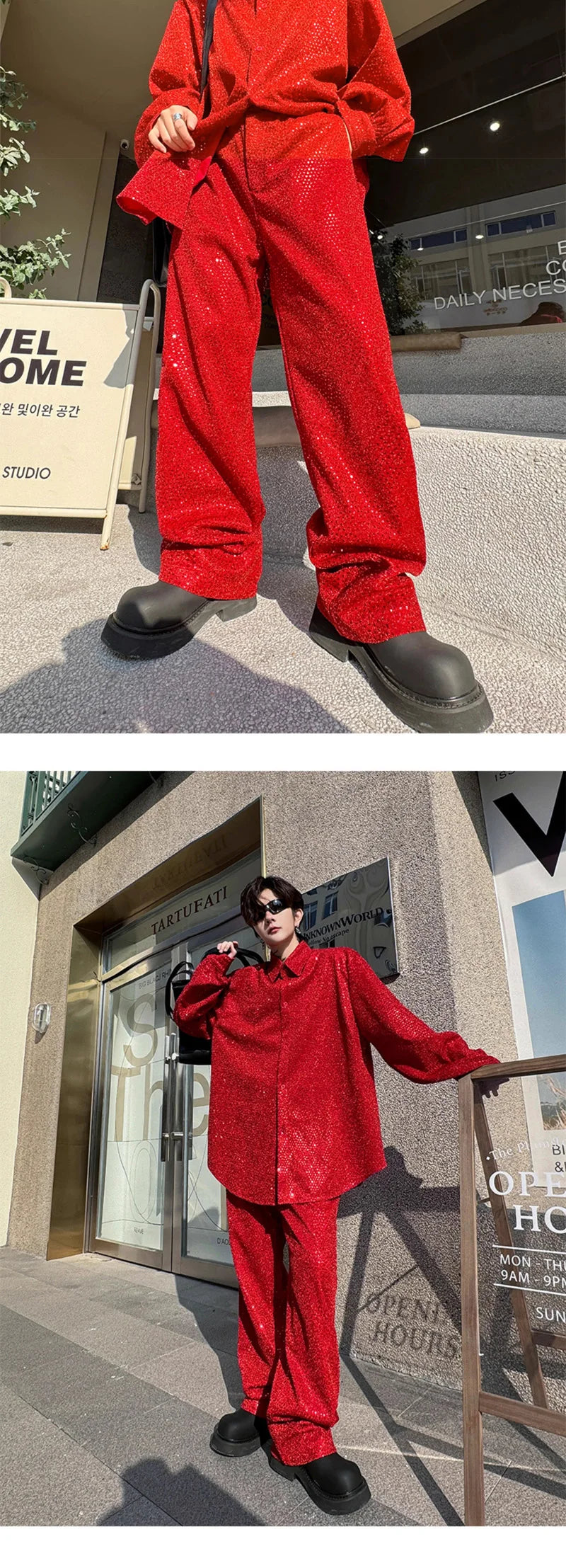 mens sequin 2 piece sets loose casual long sleeve shirt pant stage fashion party show clothing dress shirts trousers costumes unique default style 2771