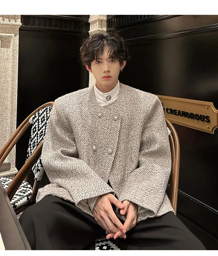 men double breasted french retro loose casual woolen short jacket man korean streetwear show fashion coat autumn outerwear unique shorts style 1324