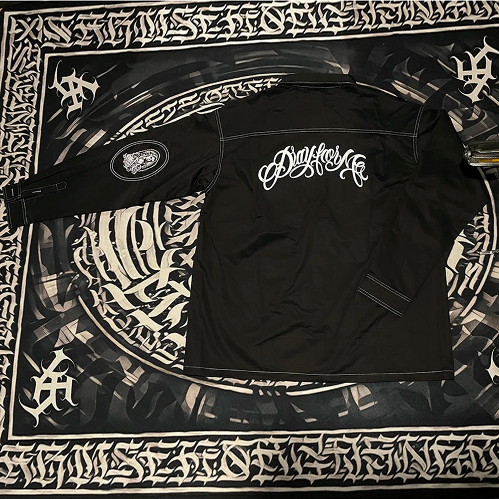 Trees Print On the Neck Black Long Sleeve Shirts for Men High Street Baggy Y2k Camisas Oversized Harajuku Casual Clothing Street King Limited