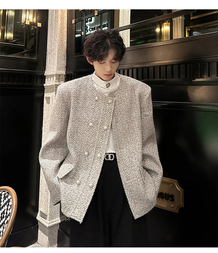 men double breasted french retro loose casual woolen short jacket man korean streetwear show fashion coat autumn outerwear unique shorts style 1319