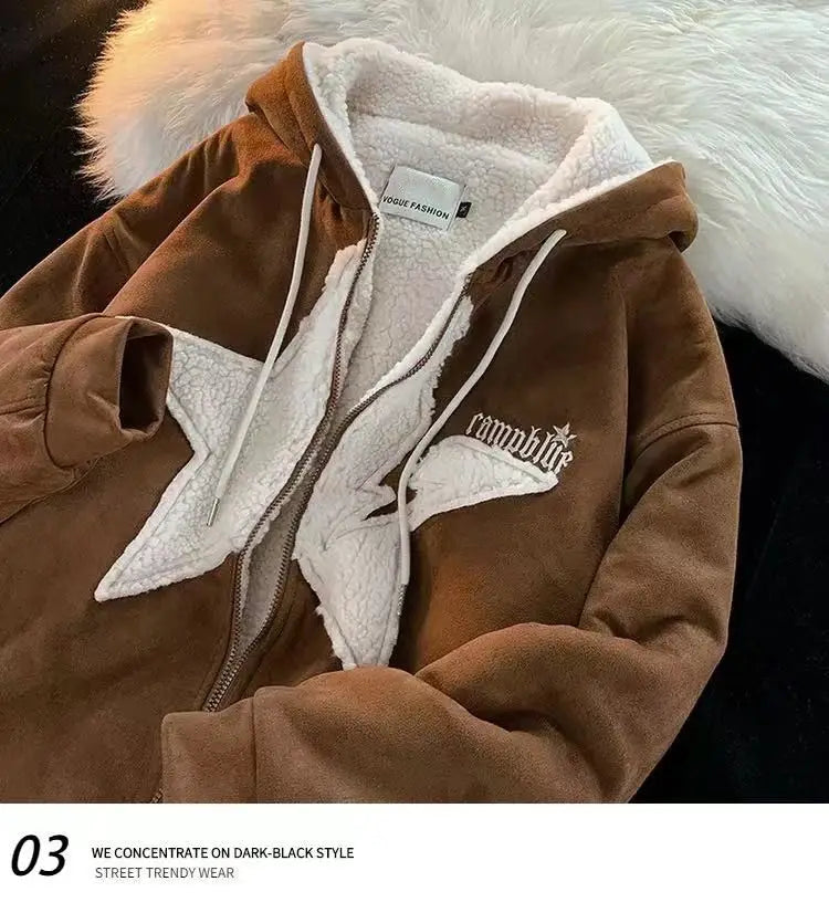 Star Hoodie American Style Retro Jackets Five Pointed Plush Thickened Lamb Wool Coat Women Autumn and Winter Loose Lazy Style Street King Limited