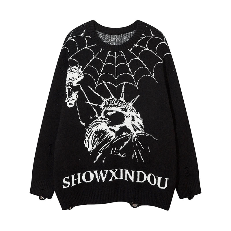 Hip Hop Knitted Sweater Mens Winter O-neck Harajuku Pattern Pullover Streetwear Casual Loose Pullover Sweaters Jumper Knitwear Street King Limited