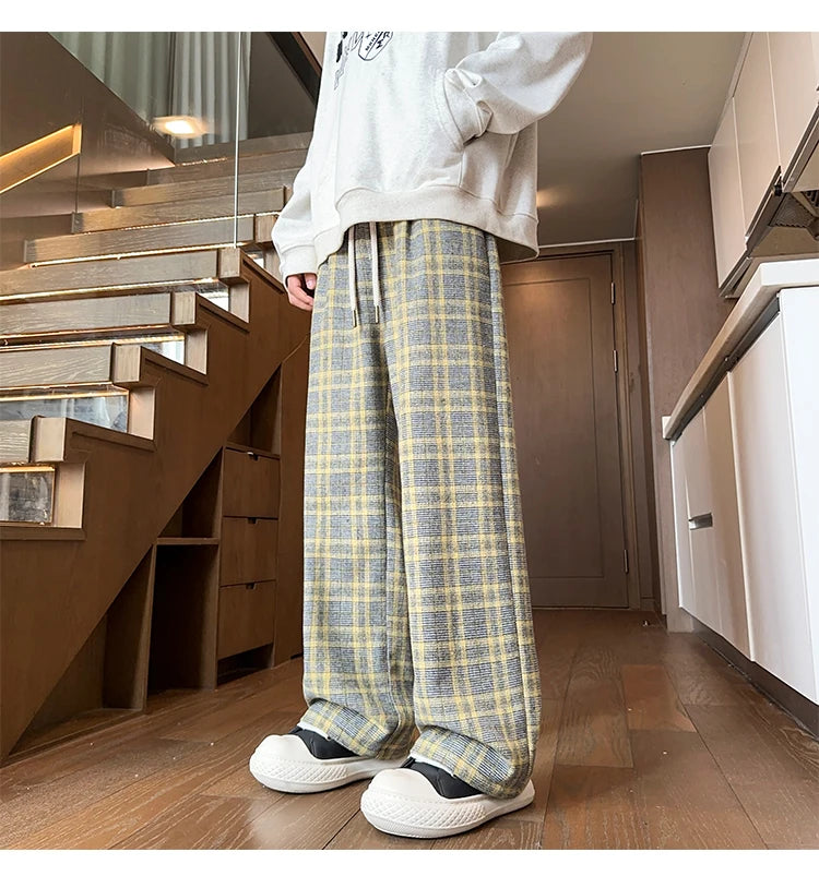 mens plaid pants baggy winter trendy fleece loose straight wide leg mopping trousers unisex thick velvet warm long pants unique default style 1106