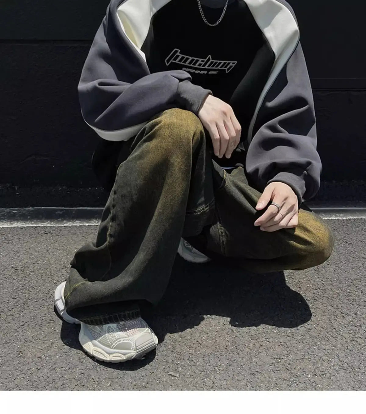 Trendy Personality Korean Motorcycle Style Round Neck Sweatshirt Men 2024 Spring Autumn Niche Contrasting Color Pullover Hot Top Street King Limited