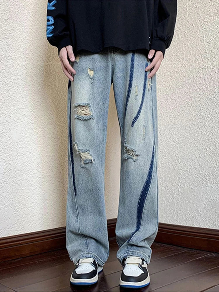 summer high street ripped jeans mens hip hop vintage design punk denim trousers hombre harajuku fashion casual y2k baggy jean unique jeans style 3180