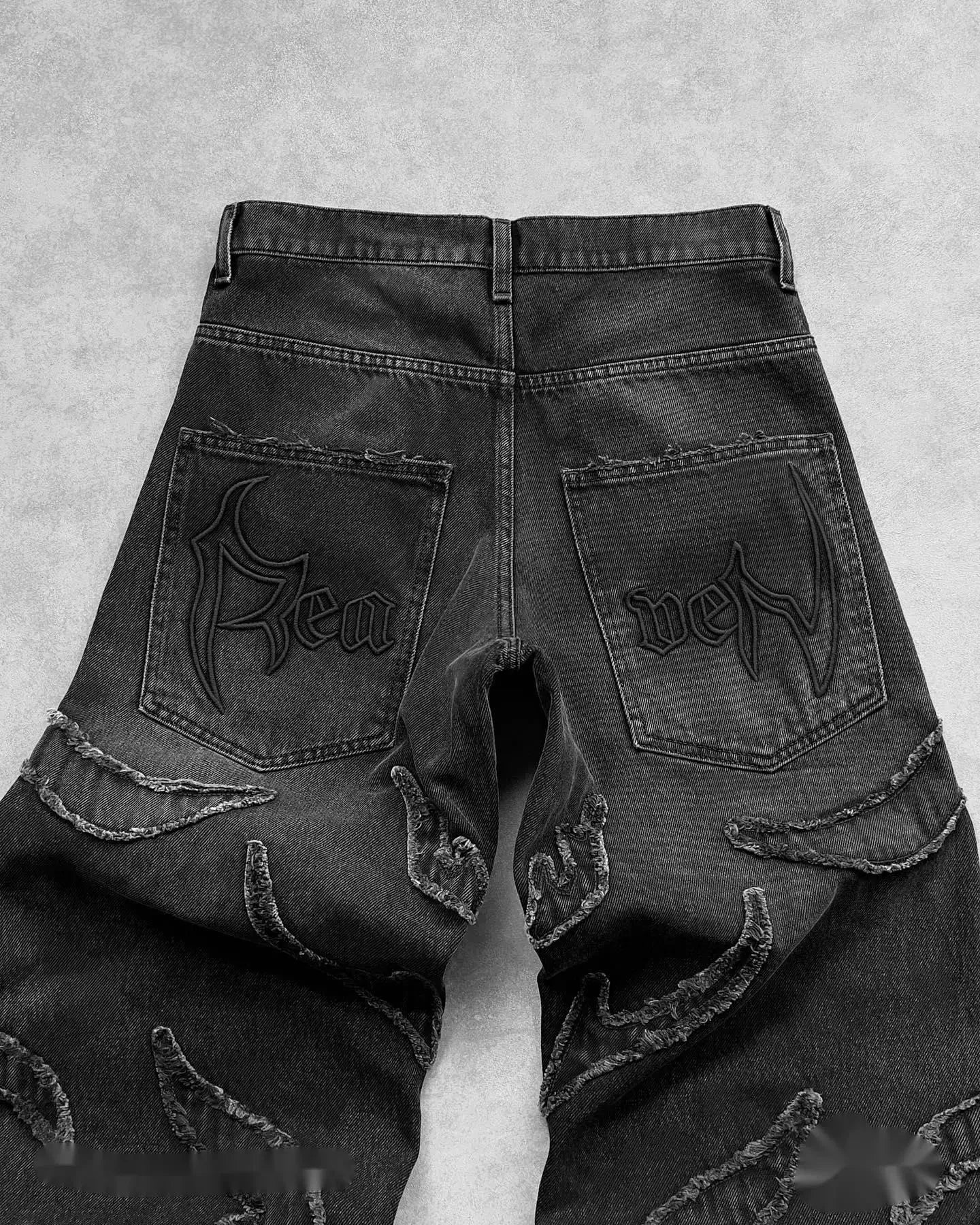 vintage y2k hip hop punk raw edge embroidery jeans black baggy jeans for men pattern patchwork high waisted denim pants unique jeans style 3916