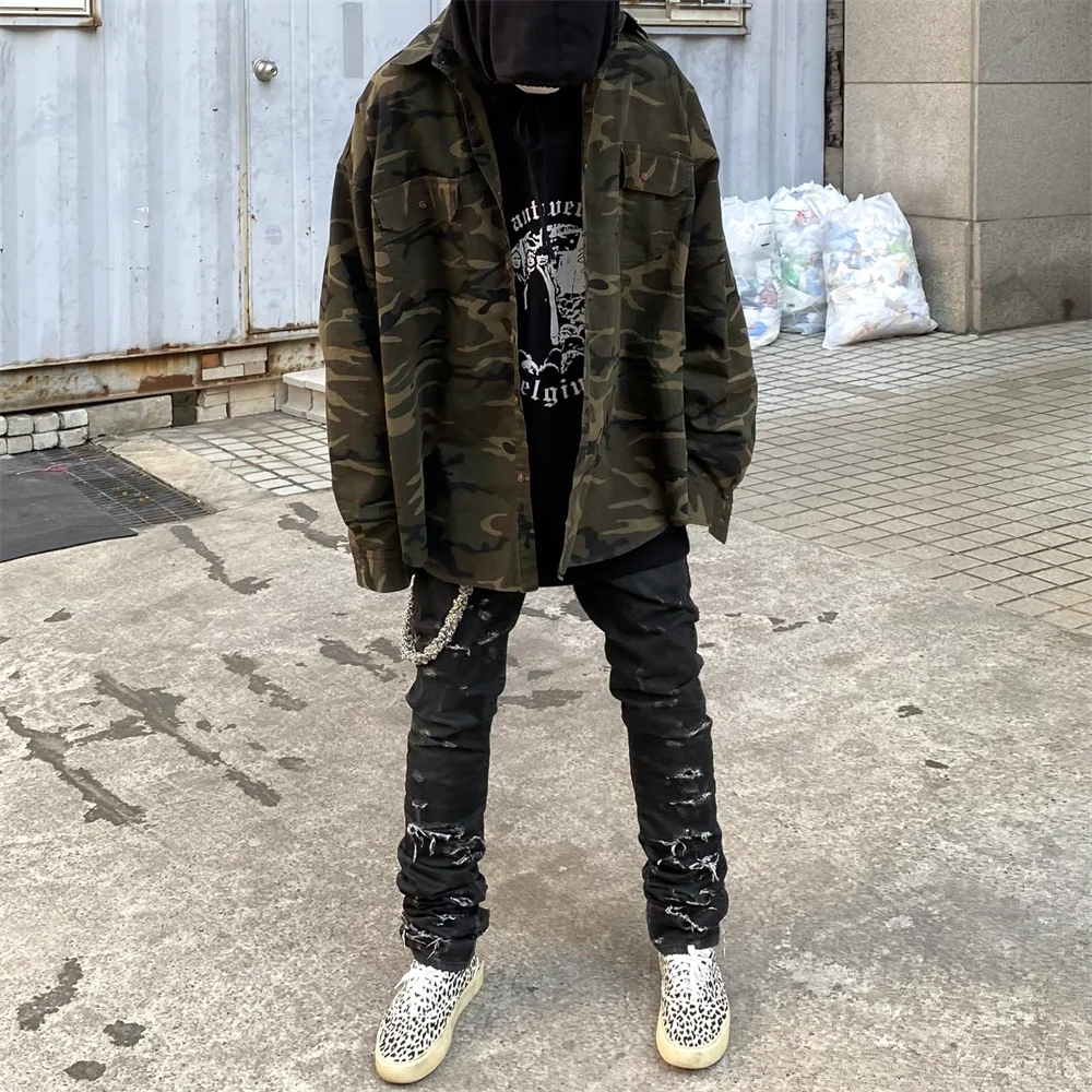 Undermycar High Street Trendy Brand High Quality Extra Large Washed and Worn Dark Checker Patch Camo Shirt Street King Limited