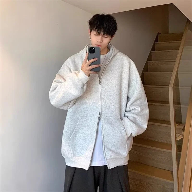 winter mens fleece zipper hooded sweatshirts 2025 new classic solid color oversized hoodies y2k streetwear outerwear tracksuit unique default style 34