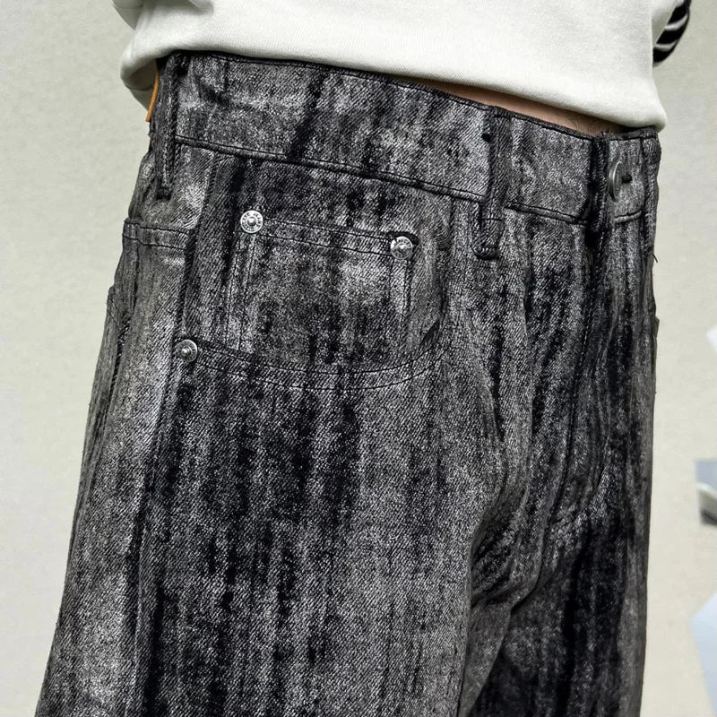 mens streetwear fashion hip hop vibe casual retro tie dyed denim pant jeans cityboy black gray straight jeans trousers ripped baggy denim