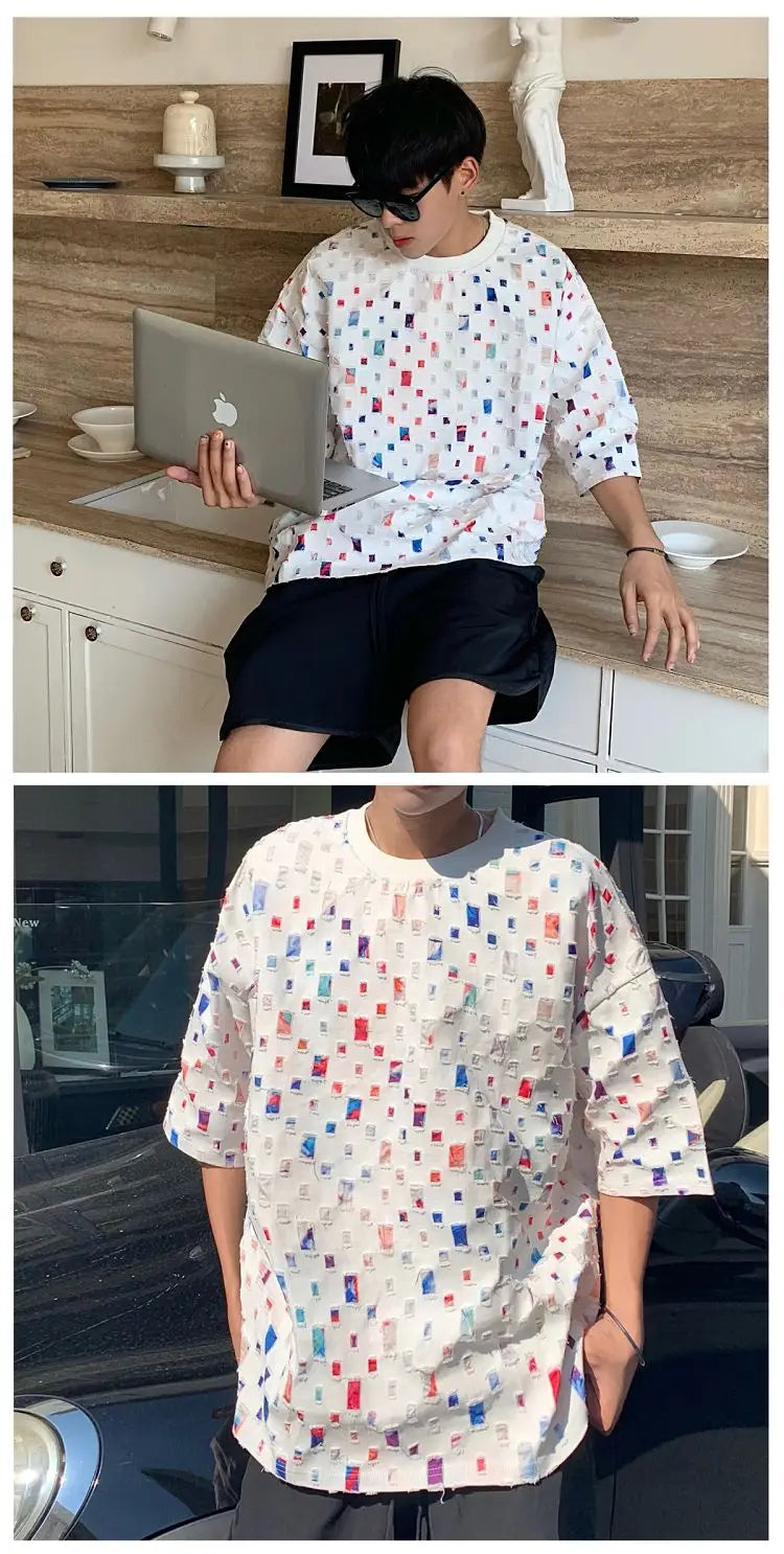 Summer Cotton Short Sleeved T-shirt Men Fashion Colorful Plaid Tshirt Men Streetwear Hip-hop Loose Hollow Out T Shirt Mens Tops Street King Limited