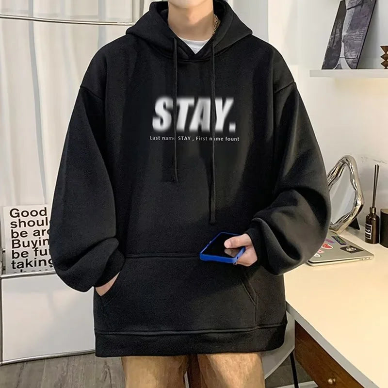 New in Letter STAY Print Sweatshirts Men Casual Vintage Fleece Pullovers Hoodies Autumn Y2K Streetwear Baggy Hoody Clothes Street King Limited