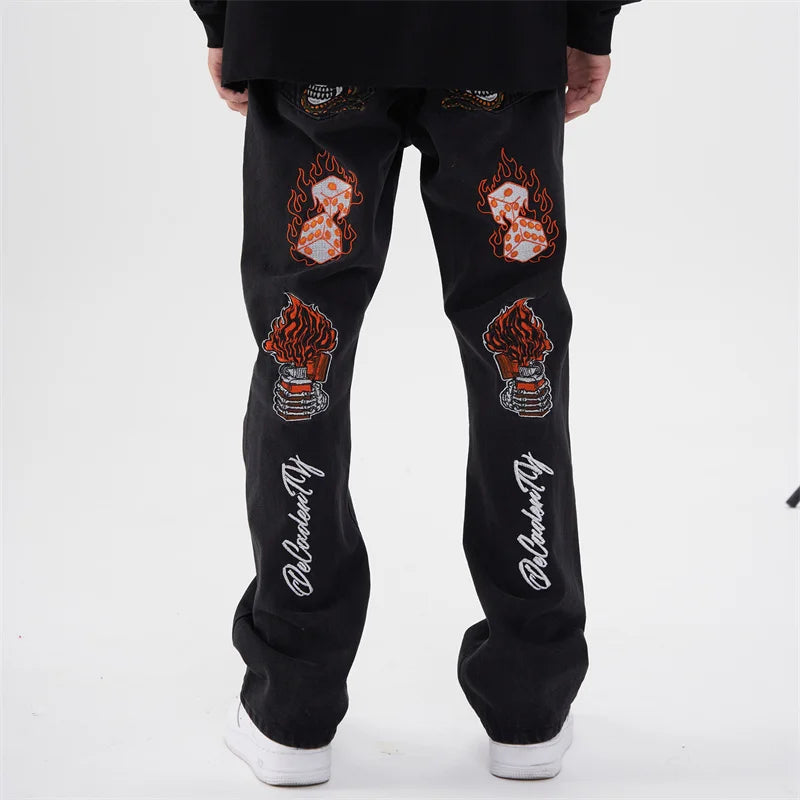 fashion back skull letters embroidery denim flare jeans mens zipper straight trouser hip hop streetwear pants joggers jeans men sporty tapered joggers
