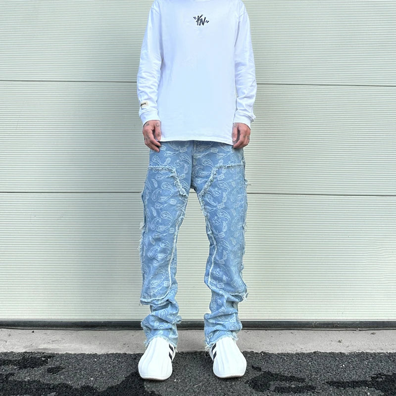 vintage high street washed light blue flared jeans cashew flower jacquard pattern rough edge jeans pants for men and women unique jeans style 922