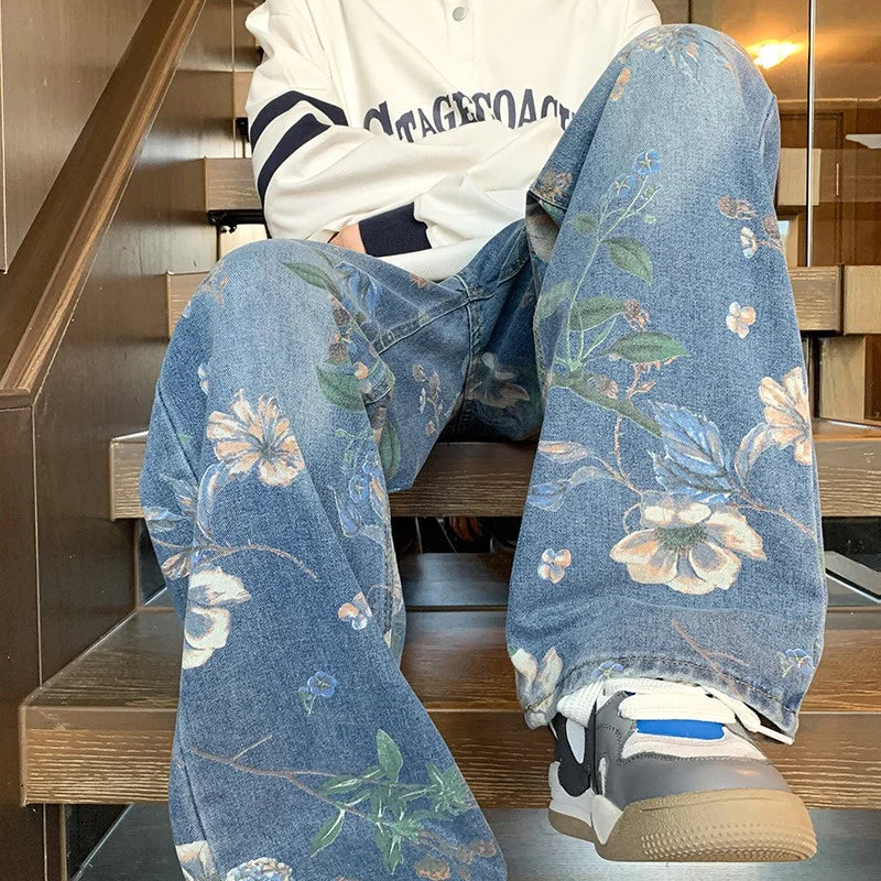 american high street floral printed jeans for men 2024 new y2k vintage denim trousers hip hop fashion wide leg baggy jean pants vintage washed jeans