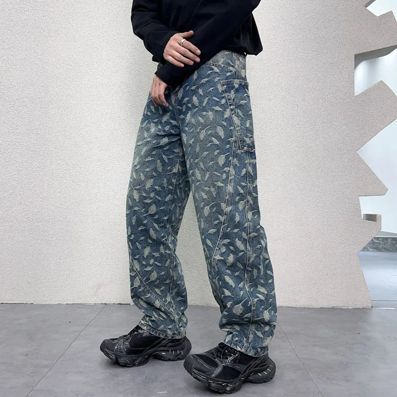 men jacquard loose casual hip hop vibe splice pocket denim baggy jeans pants man streetwear ripped jeans trousers boyfriend urban skinny jeans