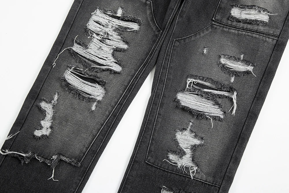 vintage washed ripped hole slim pencil pants mens and womens streetwear frayed distressed baggy jeans oversize loose denim pants denim street jeans