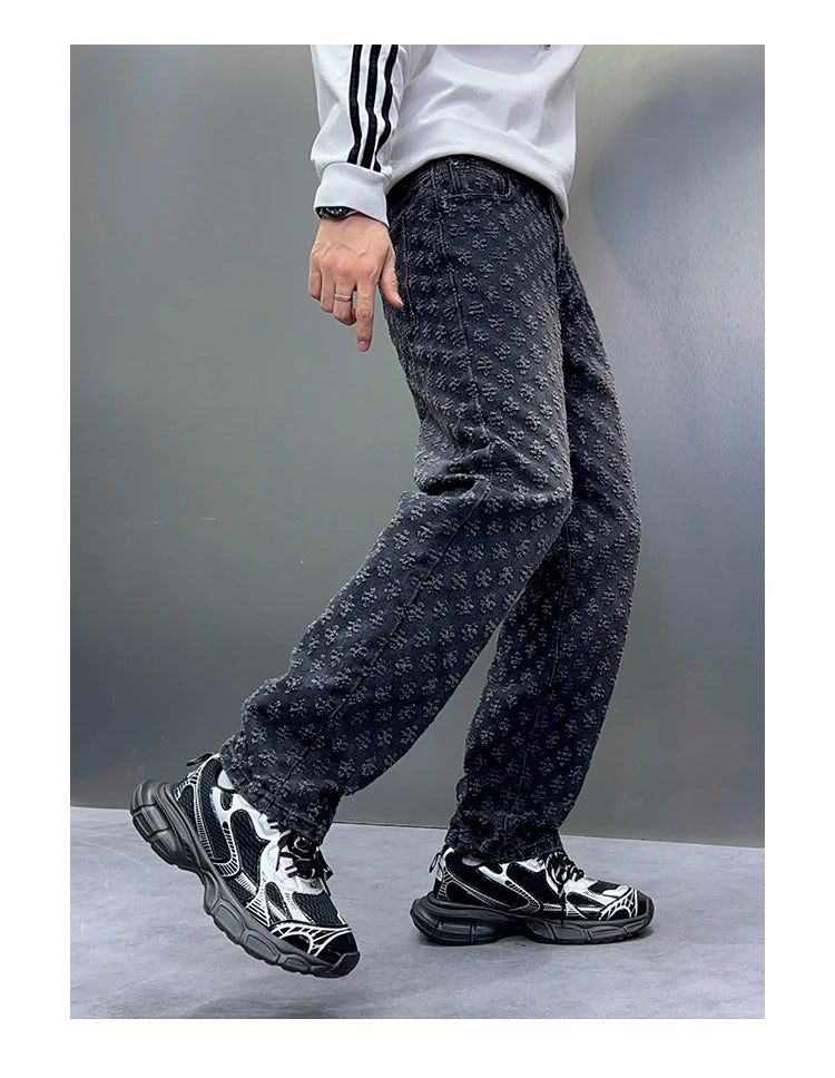 Men Wide Leg Denim Pants High Street American Retro Jacquard Loose Straight Jeans Y2K Fashion Streetwear Baggy Trousers Street King Limited
