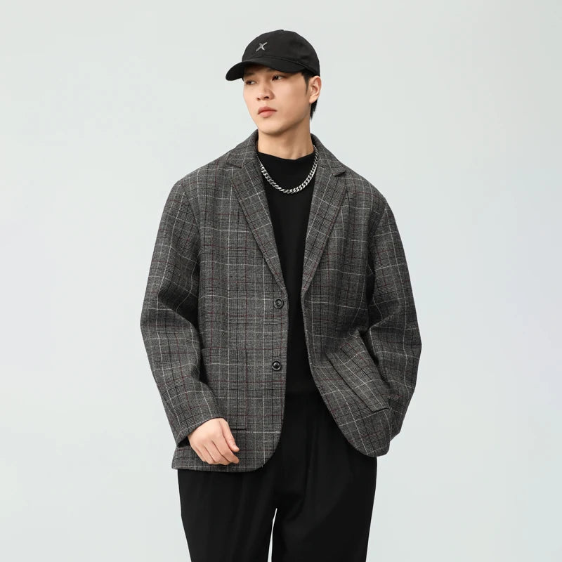 men autumn winter retro casual plus size thick plaid blazer jacket commuter man business streetwear fashion suit coat outerwear relaxed fit trousers