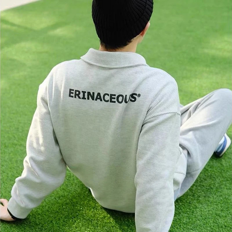 Streetwear Autumn Japanese Polo Sweatshirts Men Casual Waffle Turn Down Collar Sw 2025 Autumn Japanese Polo Sweatshirts Men Casual Waffle Turn Down Collar Sweatshirt High Street Long Sleeve Tops New In Hoodie Fashion Sweater Jacket With Graphic Design For Men