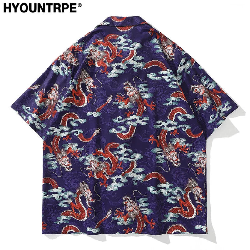 Men Dragon Print Chinese Style Shirt Casual Short Sleeve Hawaiian New Summer Shirts Hip Hop Streetwear Loose Top Harajuku Shirts Street King Limited