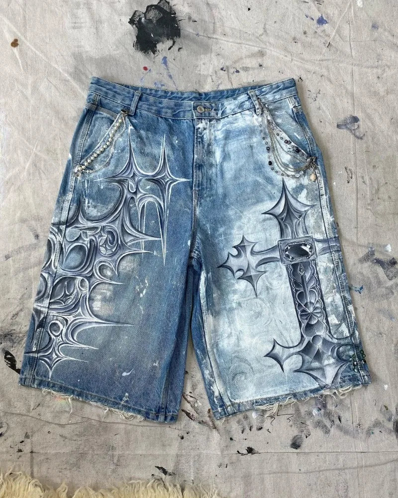 y2k american street retro graffiti anime print oversized denim shorts men shorts high waist fashion loose casual wide leg pants stacked flare jeans