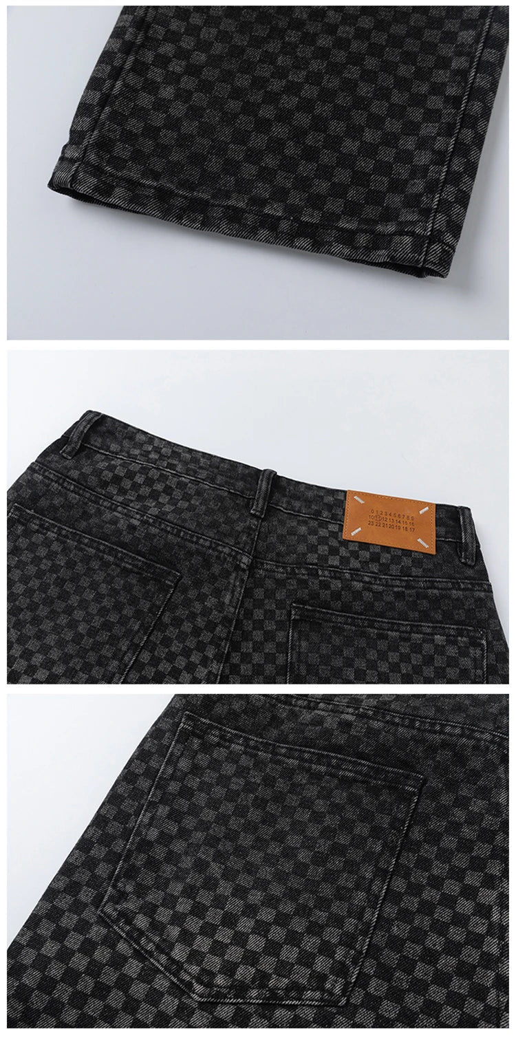 men streetwear fashion hip hop loose casual print black plaid denim pant jeans man vibe straight cowboy baggy jeans trousers unique jeans style 1456