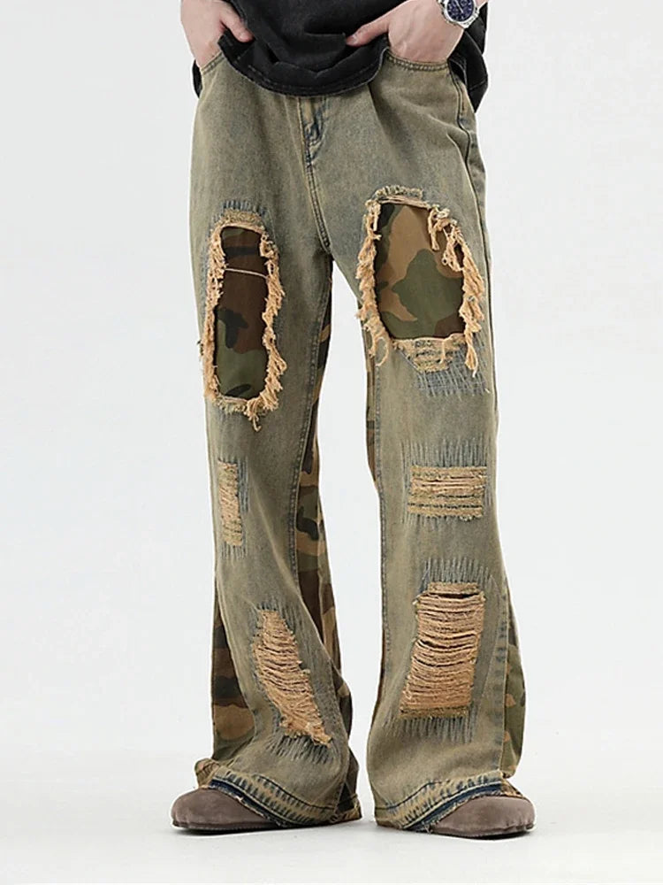 hip hop camouflage ripped patchwork denim pants for men y2k vintage streetwear wide leg jean 2025 new distressed baggy jeans unique jeans style 322
