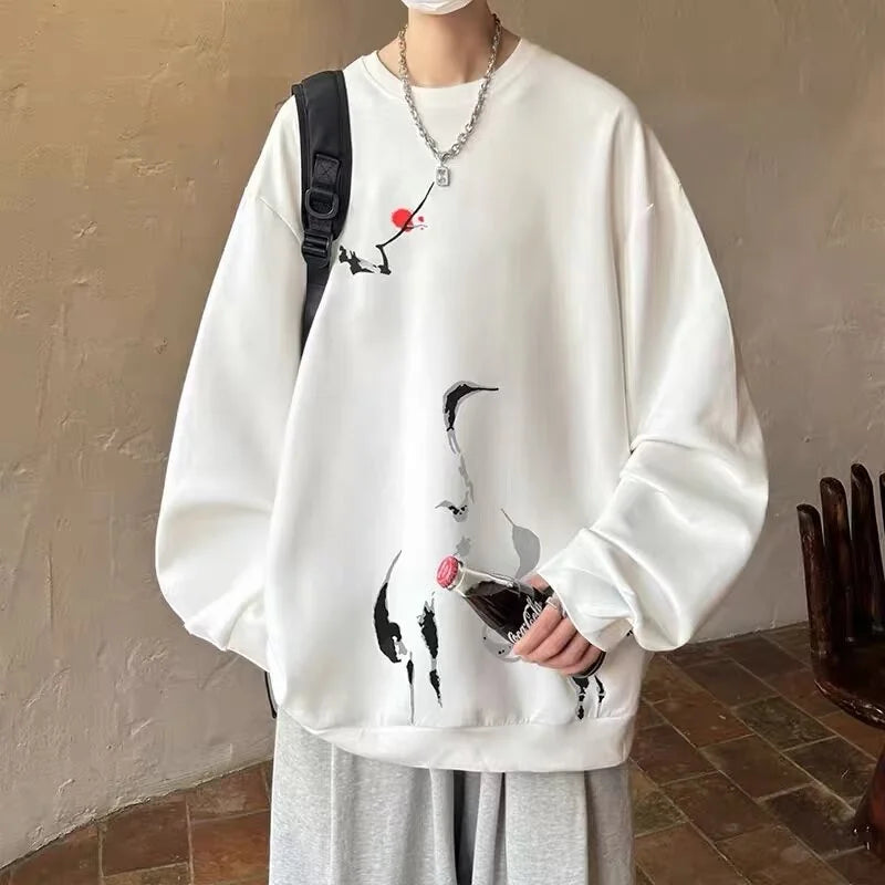 Ink Painting Cartoon Crane Printed Pullover Hoodies For Men 2024 New Hip Hop Fashion Crewneck Hoody Y2K Streetwear Sweatshirts Street King Limited