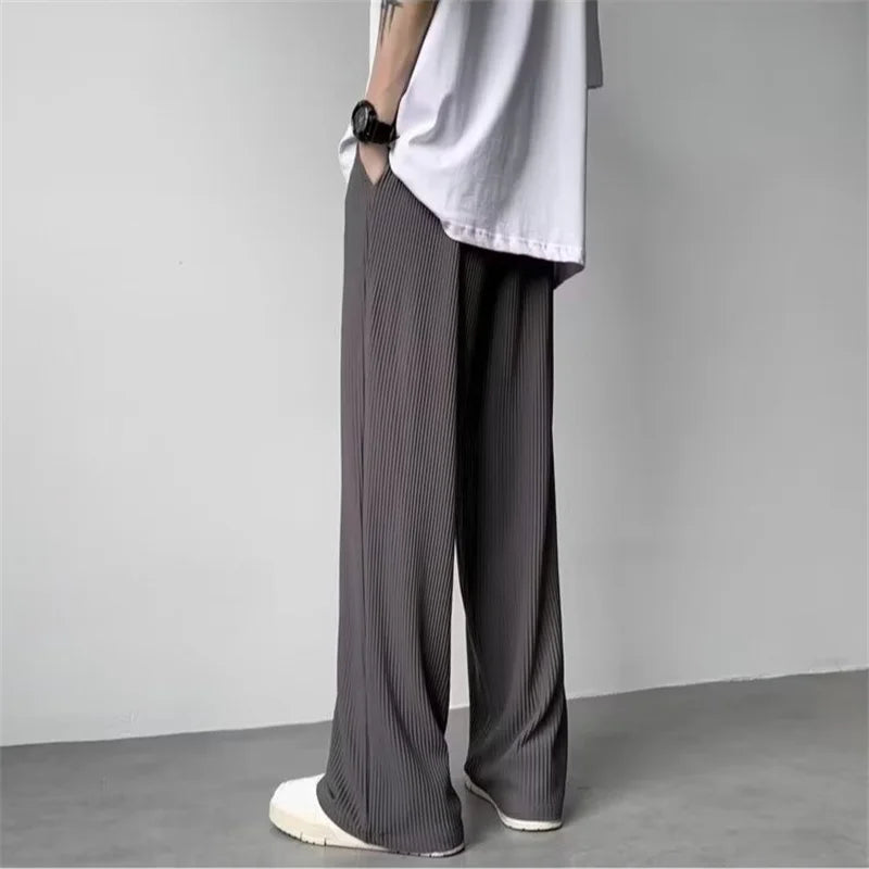 summer texture straight pants for men korean fashion baggy wide leg trousers casual drape pleated striped y2k pantalones hombre urban fashion pants