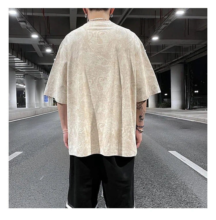 Merican Hip-hop Summer Thin Section Suede Cashew Flower Print Tshirts Tops Men and Women Loose Short-sleeved T-shirts Oversized Street King Limited