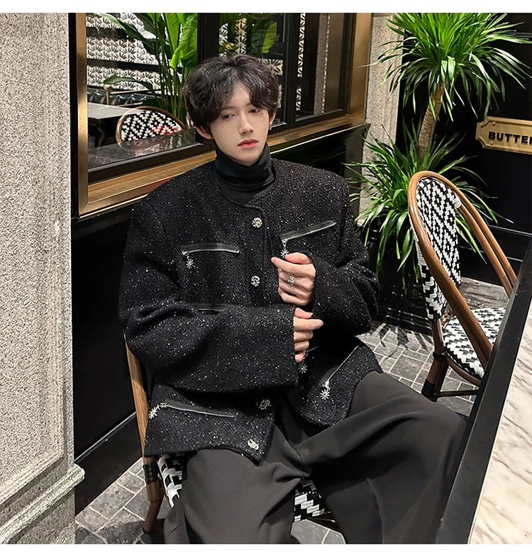 multi zipper sequin woolen jacket men french retro fashionable casual christmas jacket spring autumn coat stage show clothing unique default style 1449