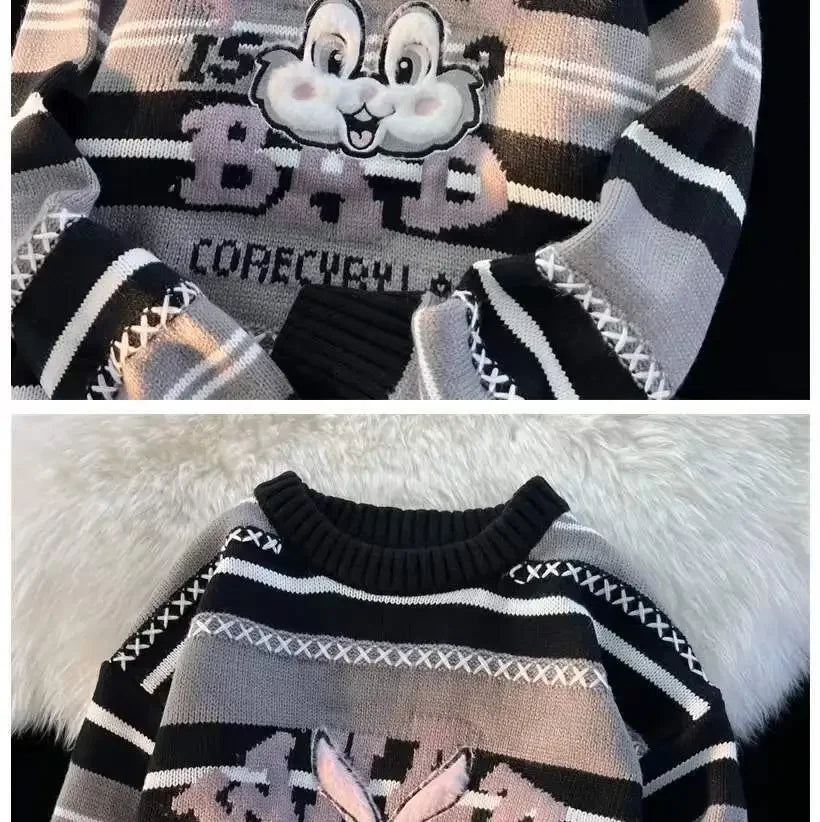 Sweet cool bunny striped knitted sweater for women in autumn and winter loose outer wear lazy style soft and waxy milk kawaii Street King Limited