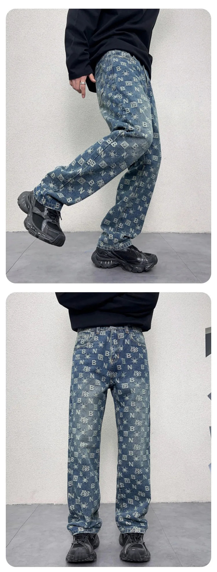 men jacquard streetwear hip hop vibe casual straight denim jeans pants boyfriend high street ripped jeans trousers unique jeans style 3010