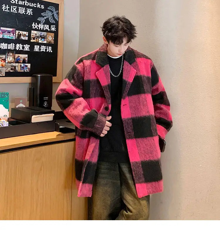 plaid woolen trenchcoat men autumn winter fashion retro streetwear suit collar loose casual trendy trench coat outerwear unique default style 1202
