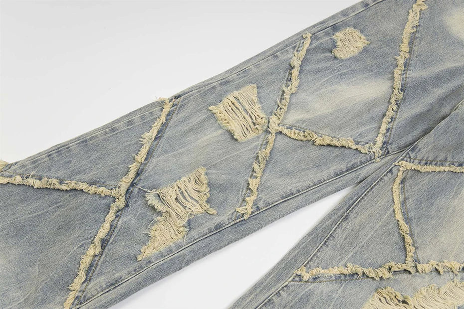 vintage ripped patchwork baggy jeans mens streetwear hip hop loose blue jeans trousers y2k distressed straight denim pants man unique jeans style 4225
