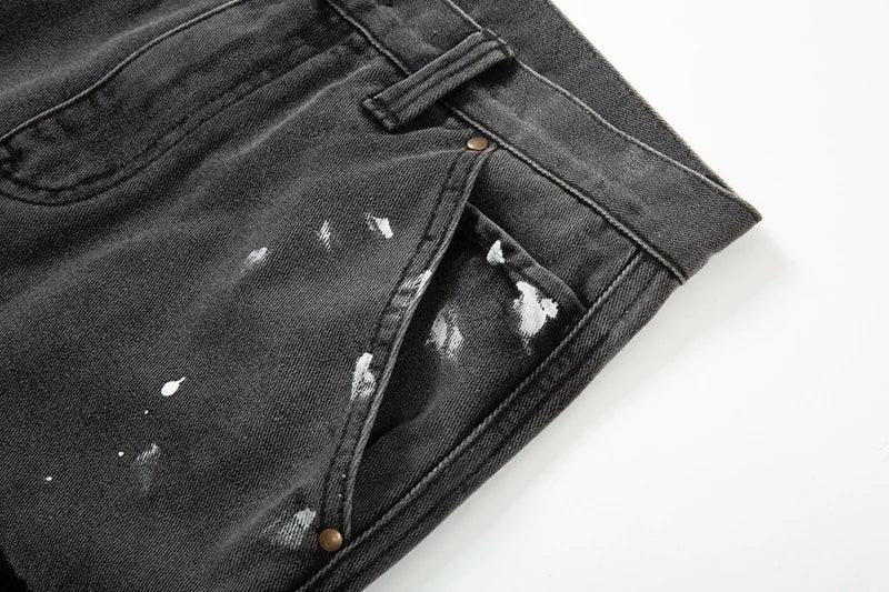 Harajuku Black Graffiti Flared Jeans Pants Patches Hip Hop Splashed Ink Wide Jeans Trousers Blue Slim Fit Washed Jeans for Men Street King Limited