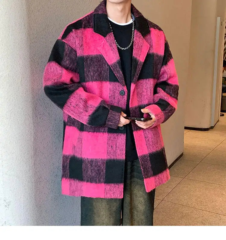 plaid woolen trenchcoat men autumn winter fashion retro streetwear suit collar loose casual trendy trench coat outerwear unique default style 1200